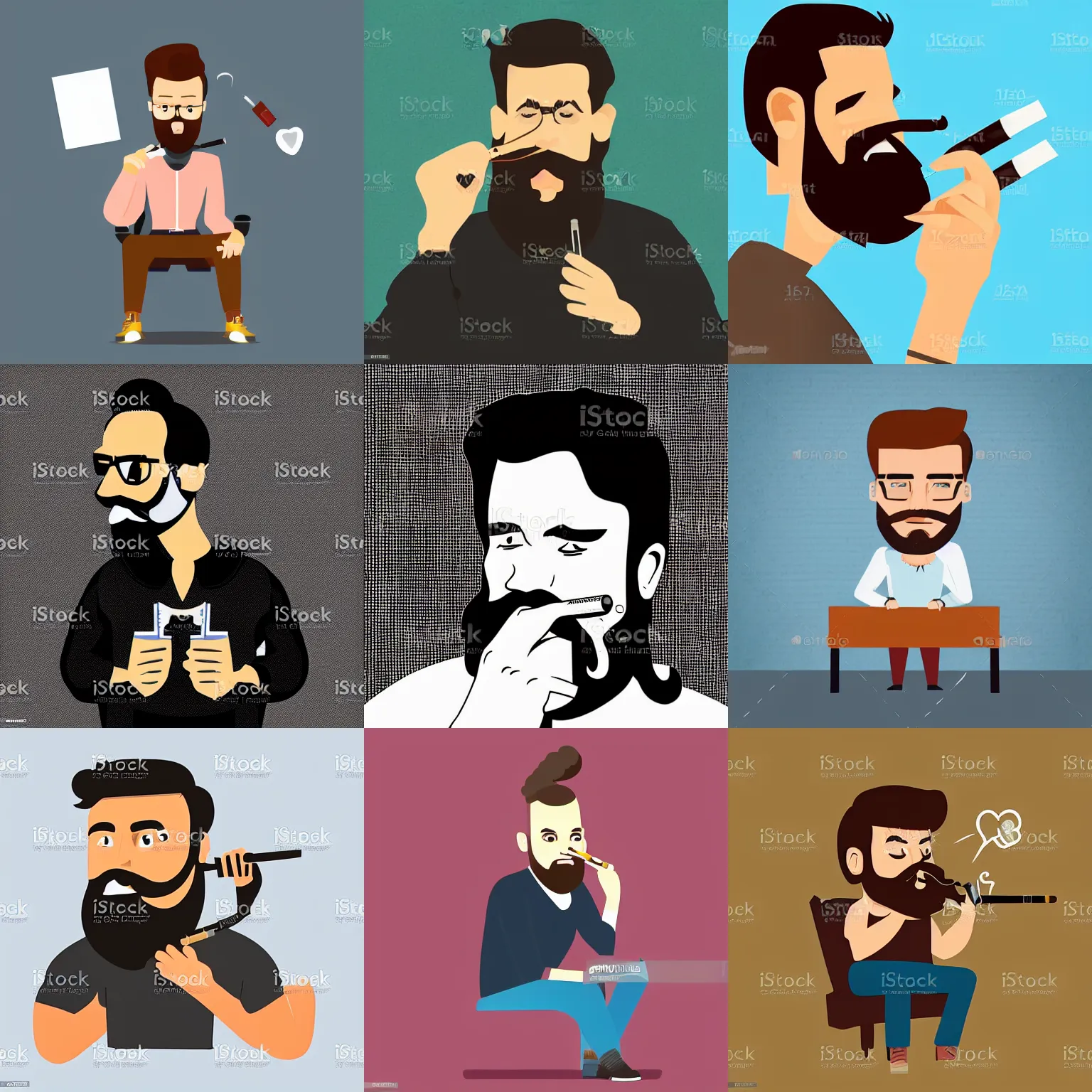 Prompt: vector art of a writer with a beard sitting, he is smoking a cigarette, he is holding a bottle in his other hand, artstation, highly detailed, realistic