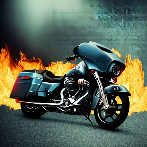 Prompt: harley street glide realistic with fire background 4 k resolution, hyper detailed octane render, concept art