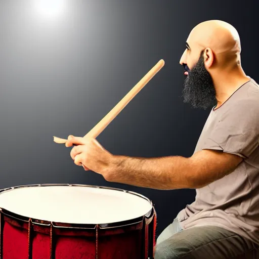 Image similar to bald arab guy with a beard playing on a professional drum kit, extremely detailed, realistic, soft lighting