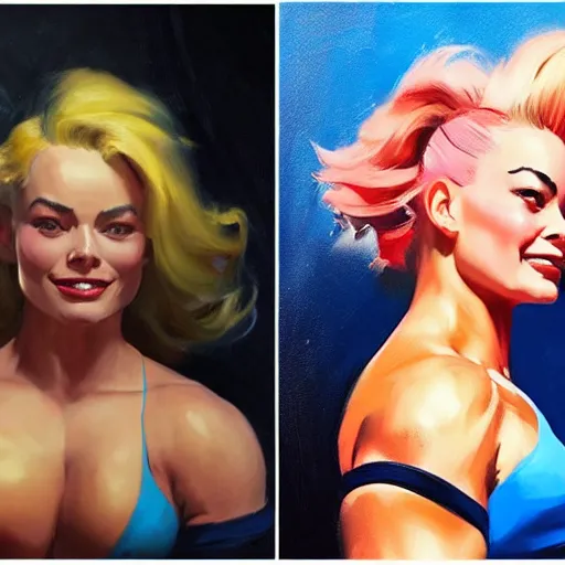 Prompt: greg manchess portrait painting of smiling margot robbie as beautiful thick muscular female bodybuilder zarya from overwatch, medium shot, asymmetrical, profile picture, organic painting, sunny day, matte painting, bold shapes, hard edges, street art, trending on artstation, by huang guangjian and gil elvgren and sachin teng