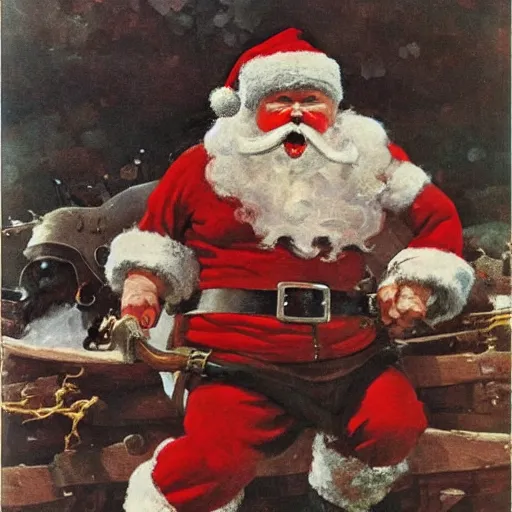 Prompt: drunken furious berserker santa claus gnome brandishing a bottle of rum sitting in his sleigh frank frazetta newell convers wyeth winslow homer craig j. spearing thomas eakins