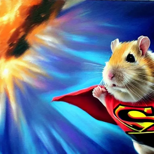 Image similar to a hyper realistic oil painting of a hamster dressed as a superhero and flying through the sky