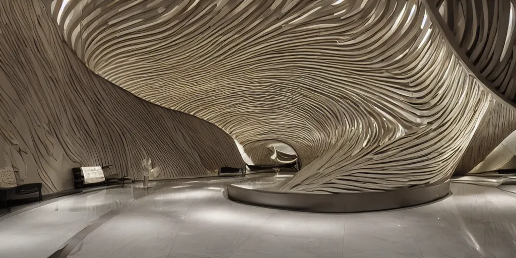 Image similar to extremely detailed stunning beautiful futuristic smooth curvilinear museum lobby interior