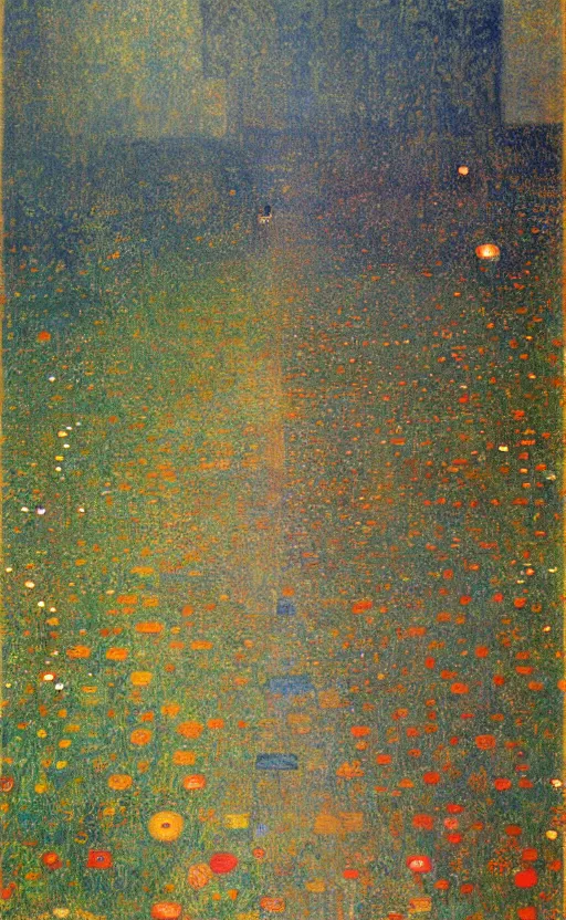 Image similar to paperback book cover by klimt. pure colors, melting clouds, accurately drawn details, a sunburst above a receding road with the light reflected in furrows and ruts, after rain. photorealistic. cinematic. trending on artstation. textless.