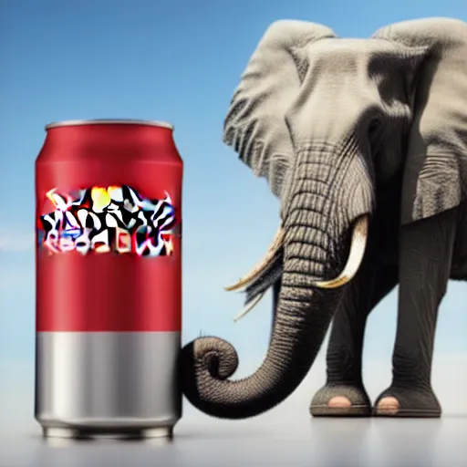 Image similar to a photo of a giant can of red bull with an elephant trying to drink it