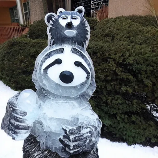 Image similar to an ice sculpture of a raccoon striking a heroic pose.