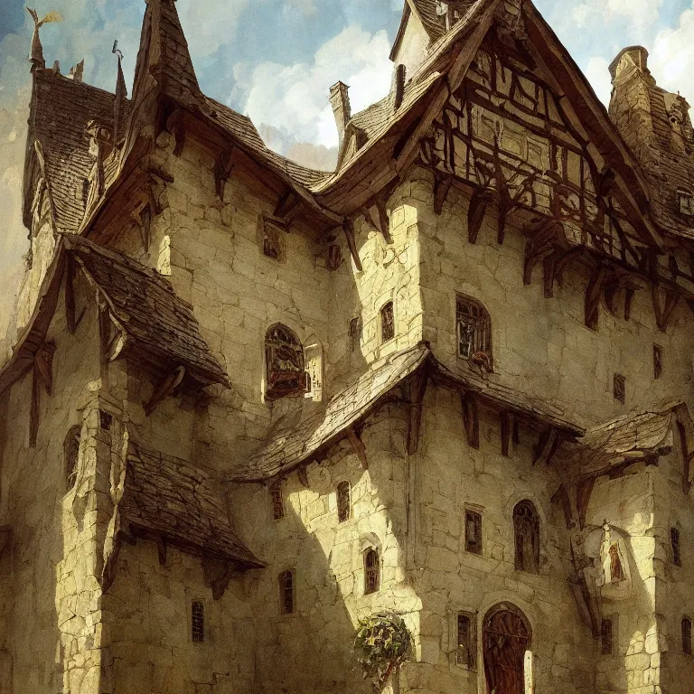 Image similar to a detailed painting of a medieval two floor building. fantasy poster. lord of the rings style. cinematic fantasy scene. fantasy. carl spitzweg. renaissance elements. renaissance element. oil painting. award winning. trending on artstation. 8 k
