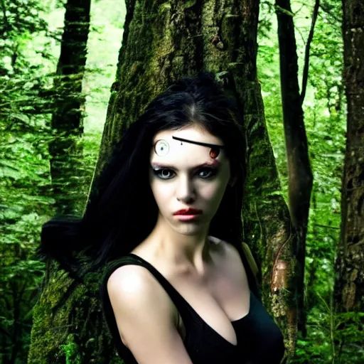 Image similar to sensual cyberpunk girl with mechanical eye in a forest