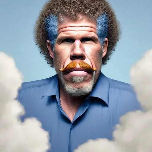 Image similar to ron perlman with a giant red curly afro with a handlebar mustache while wearing a light - blue collared shirt in the foreground, a blank canvas is right behind him, with a void white background, realistic, hyperrealistic, 8 k resolution, hd quality, very detailed, highly detailed, intricate details, real life, real world, trending on artstation