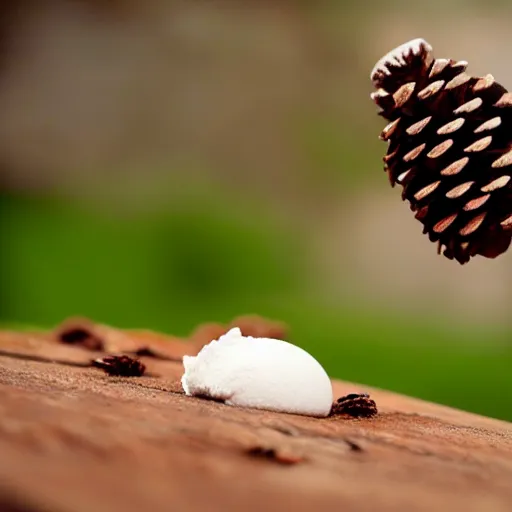 Image similar to a photograph of a levitating ice cream cone, with a pine cone in place of ice cream. shallow depth - of - field.