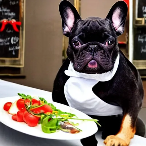 Prompt: black French Bulldog dressed as a chef