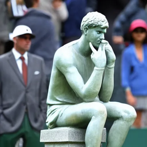 Image similar to a statue of a sad novak dijokovic on the tennis court