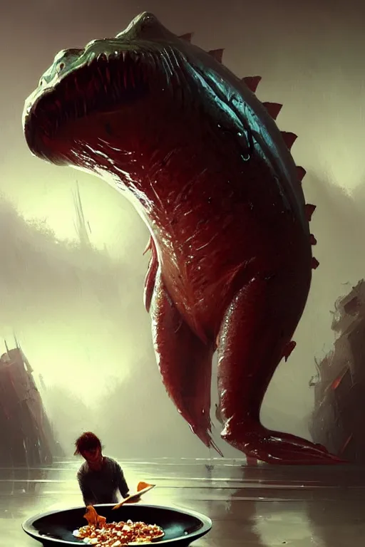 Image similar to greg rutkowski. giant wet fleshy creature over a bowl of yummy cereal