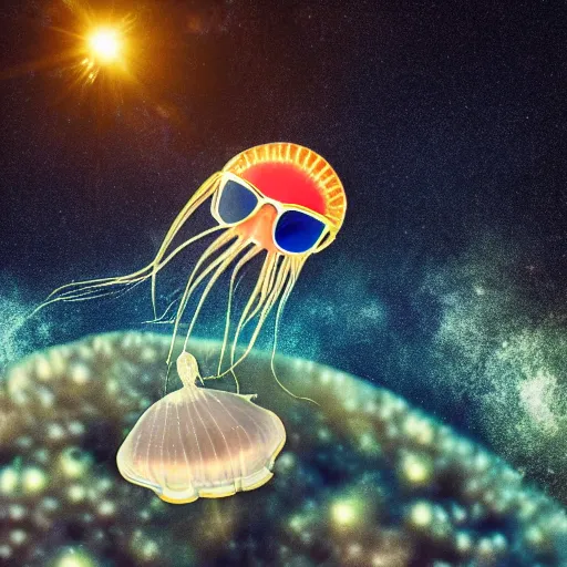 Prompt: a jellyfish wearing sunglasses in space, professional photo, epic shot, dramatic lighting