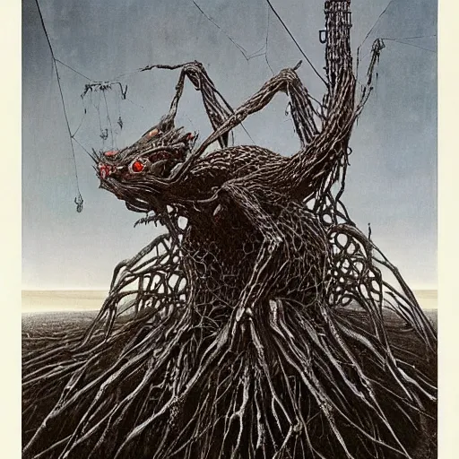 Image similar to horrific giant spider morphed with a wolf, perched on giant web spread across buildings, highly detailed beksinski and hr giger art