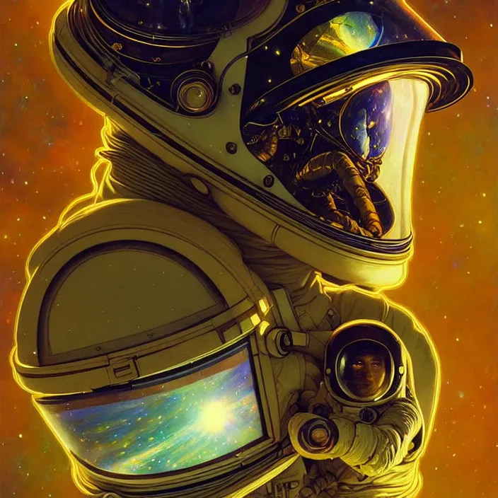 Image similar to astronaut with psychedelic reflections on helmet, diffuse lighting, fantasy, intricate, elegant, highly detailed, lifelike, photorealistic, digital painting, artstation, illustration, concept art, smooth, sharp focus, art by John Collier and Albert Aublet and Krenz Cushart and Artem Demura and Alphonse Mucha