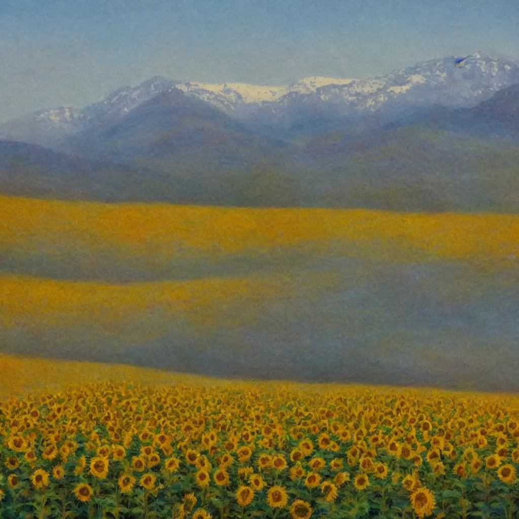 Image similar to impressionism painting of a field of sunflower on a foggy morning, red barn in distance, sun low on horizon through snow capped mountains, soft light