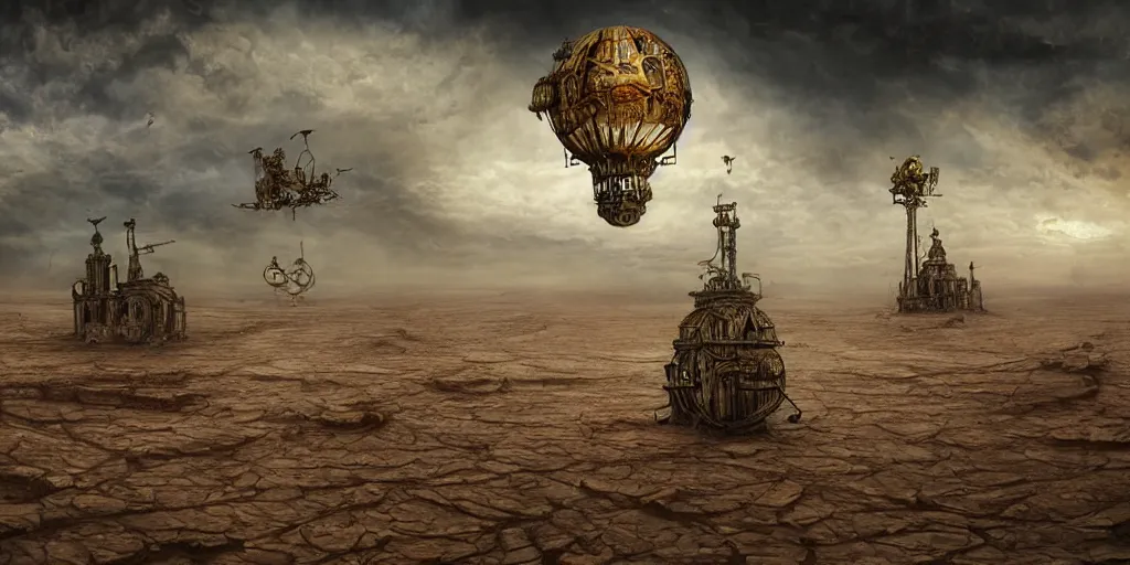 Image similar to steampunk zepellin floating above aral lake desert in the style of jaroslaw jasnikowski, dramatic lighting, colorfull, epic, photorealistic, perfectly centered, baroque style, steampunk, alexander mikhalchuk, jaroslaw jasnikowski, dariusz zawadzki, h. r. giger, trending on artstation