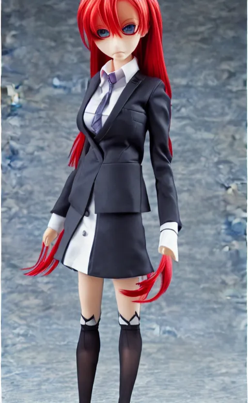 Prompt: dollfie in office suit with skirt, red hair, blue eyes,