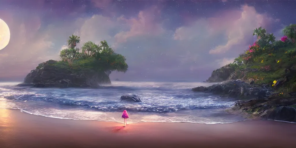 Image similar to a single glittering fairy beach cove at night, a full moon, water and colorful flowers, extremely detailed oil painting, unreal 5 render, fantasy digital art, octane render, beautiful composition, trending on artstation, award-winning photograph, masterpiece