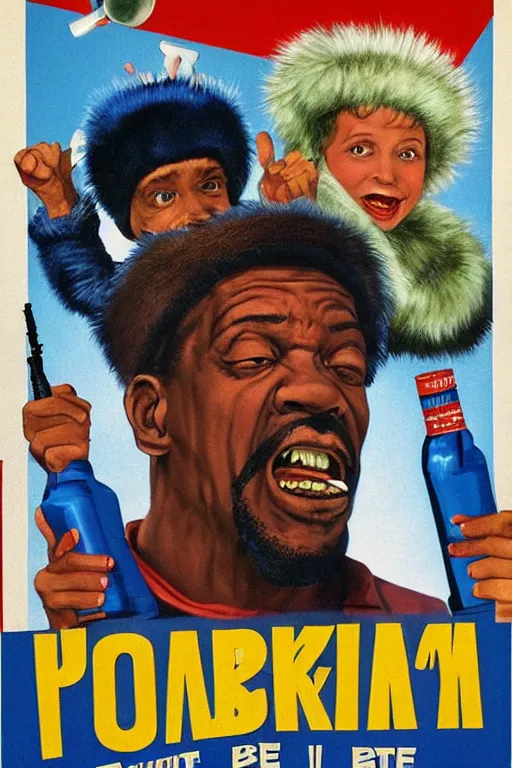 Image similar to poster the movie 1 9 8 8 ussr don't be a menace to south central while drinking your juice in the hood, perfect symmetrical eye, gray fur hat soviet soviet russian winter fur cap with earflaps ushanka, bottle of vodka, bears, kremlin babushka communist criminal