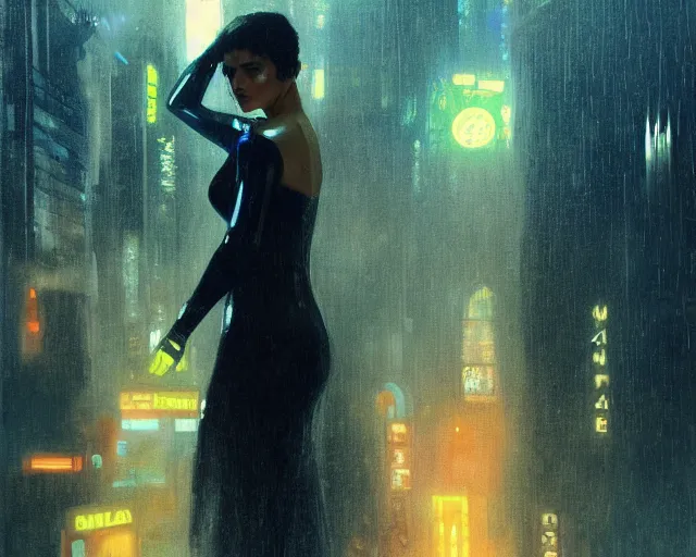 Image similar to 2 0 1 8 blade runner movie still salma hayek look at the cityscape from roof perfect face fine realistic face pretty face reflective polymer suit tight neon puffy jacket blue futuristic sci - fi elegant by denis villeneuve tom anders zorn hans dragan bibin thoma greg rutkowski ismail inceoglu illustrated sand storm alphonse mucha