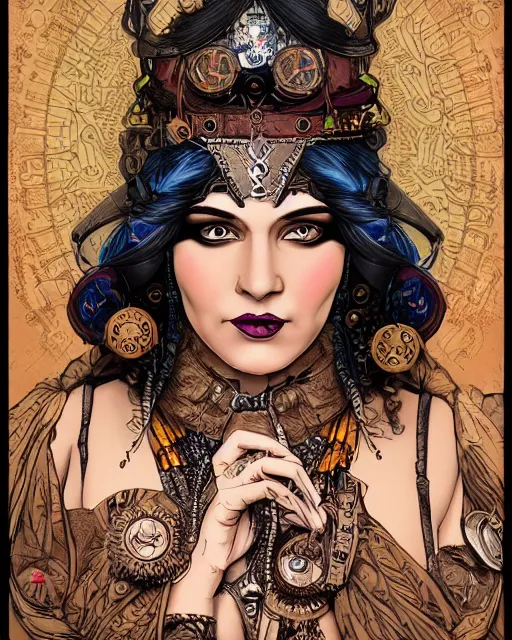 Prompt: a detailed portrait illustration of a steampunk sorceress - acrobat - witch. beautiful indian female face, provocative expression. chubby, fat. art nouveau, pop art, comic book style. influenced by neil gaiman, tim burton, dan mumford, the dark crystal, vadim voitekhovitch, android jones, ross tran.