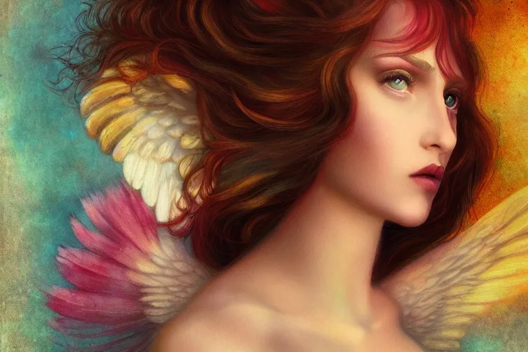 Image similar to pretty angel girl with wings photograph in the style of tom bagshaw, colorful, realistic, 8 k