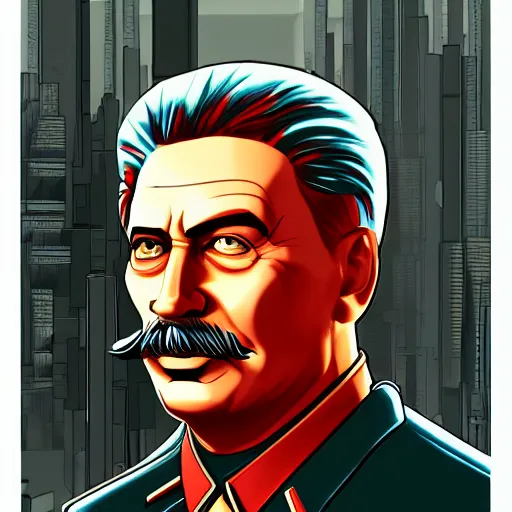 Image similar to cyberpunk joseph stalin as the leader of a futuristic communist society, cybernetics, sharp lines, digital, artstation, colored in