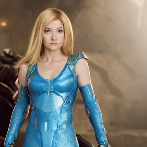 Prompt: A still of Samus Aran from Metroid in Game of Thrones (2011), wearing a light-blue dress, photorealistic