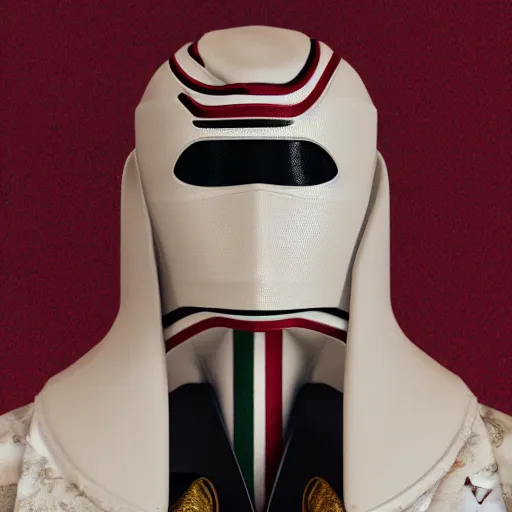 Image similar to portrait of masked dune dynasty with gucci clothes, white background, gucci logo, 8 k, symmetrical, 3 d render, octane render, insane details