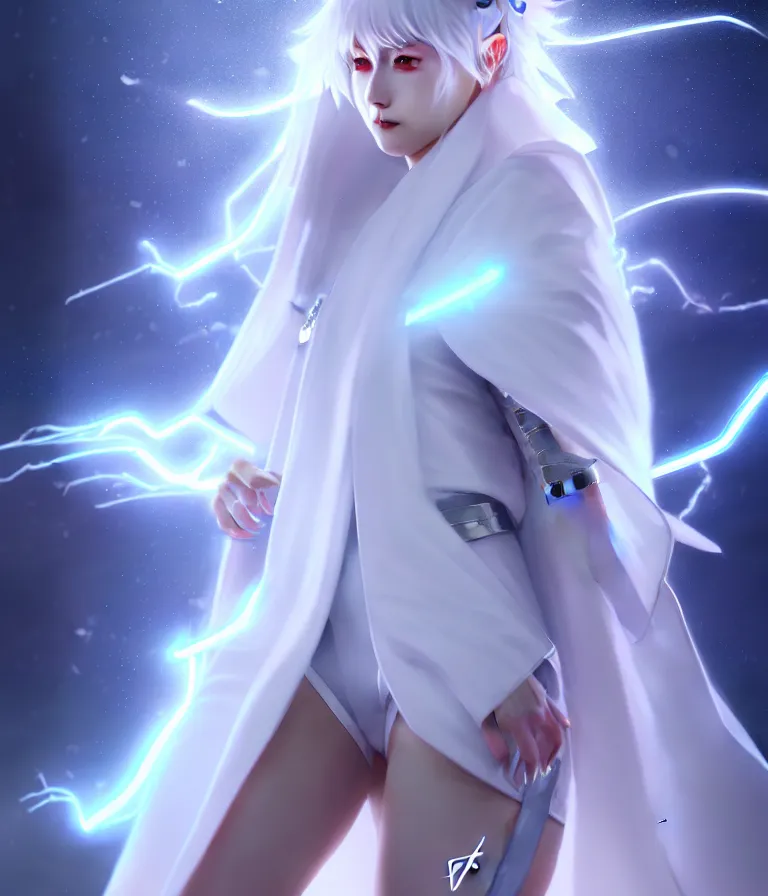 Image similar to female superhero of the rainstorms with shimmering white uniform, cloak and robes and silver hair, lightning and thunderclouds all around, fantasy character concept art in japanese anime style with photorealistic rendering digital painting of the century award octane render artstation hypervivid detailed