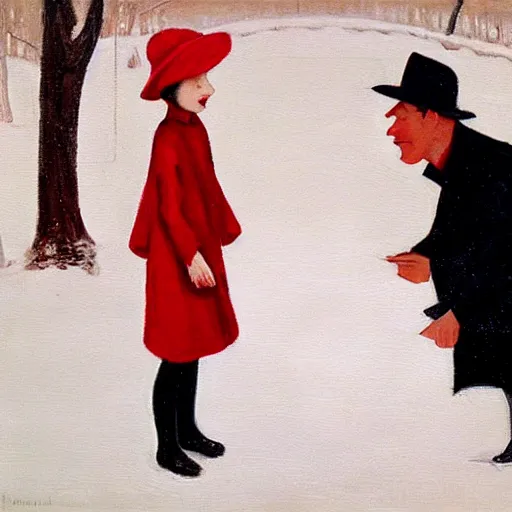 Prompt: A thin man in a black coat and bowler hat talks with small girl who is dressed in a red coat and a red hat, park, autumn, 1923, oil painting style, wide angle, high detail, width 768