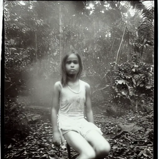 Prompt: an ancient evil-girl devouring the souls of the human kind on an abandoned house, Colombian jungle, mist, 1910 polaroid photography, grainy film, Black and white