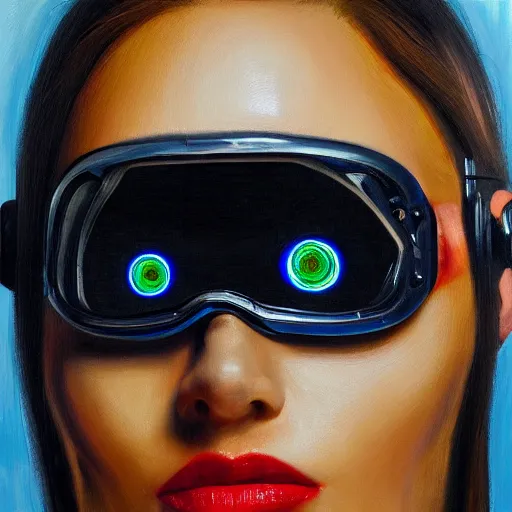 Image similar to hyperrealism oil painting portrait of robot cyborg fashion model with glowing eyes