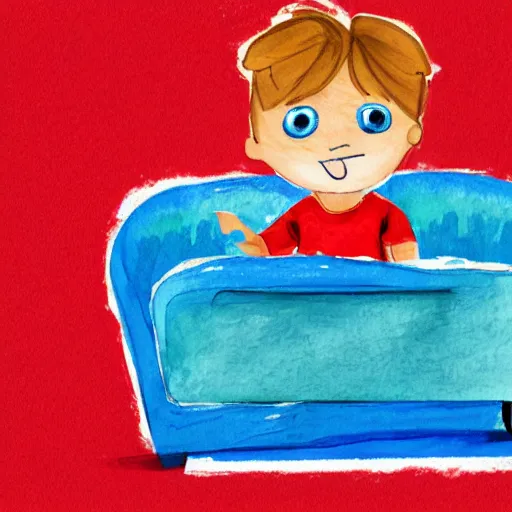 Prompt: little kid with red shirt in his room holding teddy bear in style ofwater colors illustration