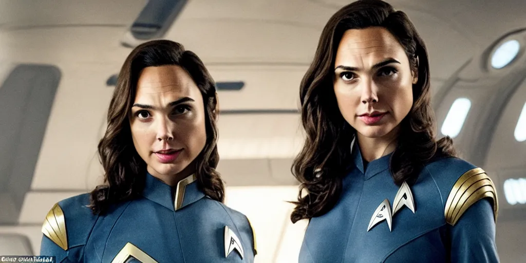 Image similar to Gal Gadot, in full starfleet uniform, is the captain of the starship Enterprise in the new Star Trek movie