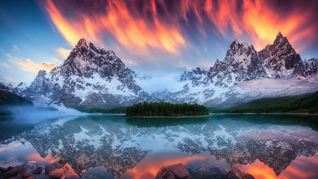 Image similar to amazing landscape photo of mountains with lake in sunset by marc adamus, beautiful dramatic lighting