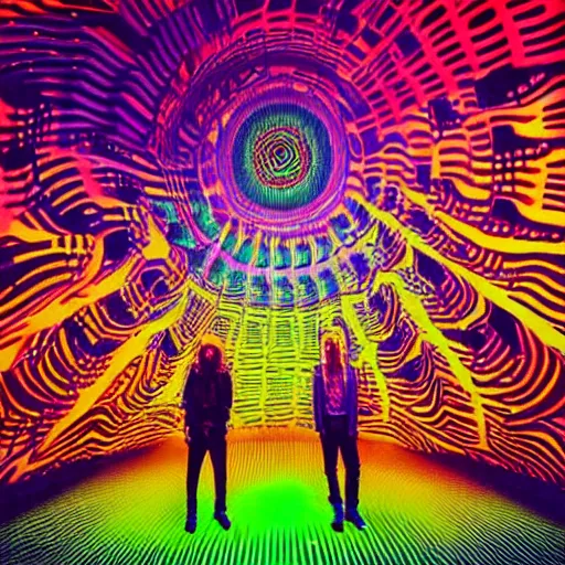 Image similar to tame impala in a psychedelic disco room