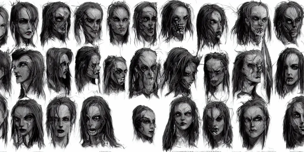 Prompt: gothic character head detail designs, Enki Bilal, Milo Manara, Greg Rutkowski, character sheet, Darek Zabrocki, Karlkka, Jayison Devadas, Phuoc Quan, trending on Artstation, 8K, ultra wide angle, pincushion lens effect