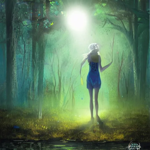 Image similar to a dirty lost person is following a floating blue glowing ball of light through the swampy forest, art by Afda Trihatma .