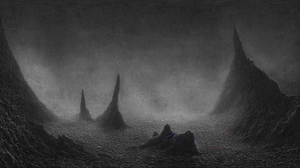 Prompt: the unknown place beyond the sea, ethereal world of dead oceans and burning mountains, under a pale dead moon, pale sands, deep rich colors, a lifeless dried husk of a world, etching by Gustave Dore, matte painting, 8k resolution artwork, folk horror, dramatic dark eerie lighting, horrific surreal nightmare, horror art, eerie, creepy, trending on artstation, painting, elaborate excellent painted illustration, smooth, autochrome