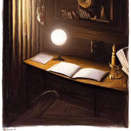 Prompt: a painting by greg rutkowski of a desktop in a dark room at night illuminated with by a small glowing orb. on the desk sits a closed book and a small wooden box with ornate sculptured decoration. also on the desk are, paper airplane, an ancient scroll scroll, pencils, pens, airplane magazine, high angle view, close up on book.