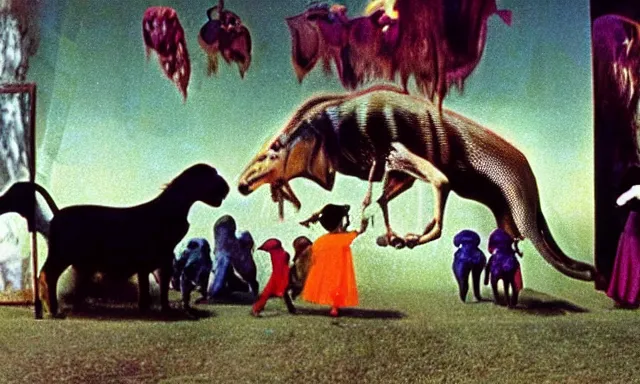 Prompt: full - color cinematic movie still from a 1 9 6 8 surreal film directed by salvador dali about children visiting a zoo. bizarre ; dream - like.