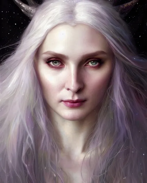 Prompt: realistic portrait of a beautiful white witch, crafting spells, bright witch, beautiful face, fantasy, chaos, magic, dark magic, dramatic lighting, intricate, wild, highly detailed, digital painting, artstation, concept art, smooth, sharp focus, illustration, art by artgerm and greg rutkowski and alphonse mucha, footage from space camera