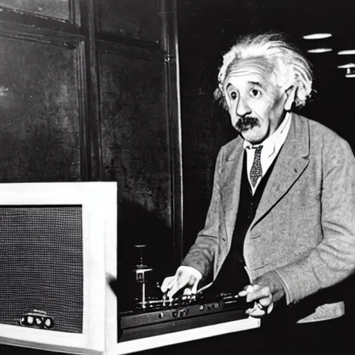 Image similar to photo of Albert Einstein DJing a record player at a nightclub, vintage, highly detailed facial features, at a nightclub