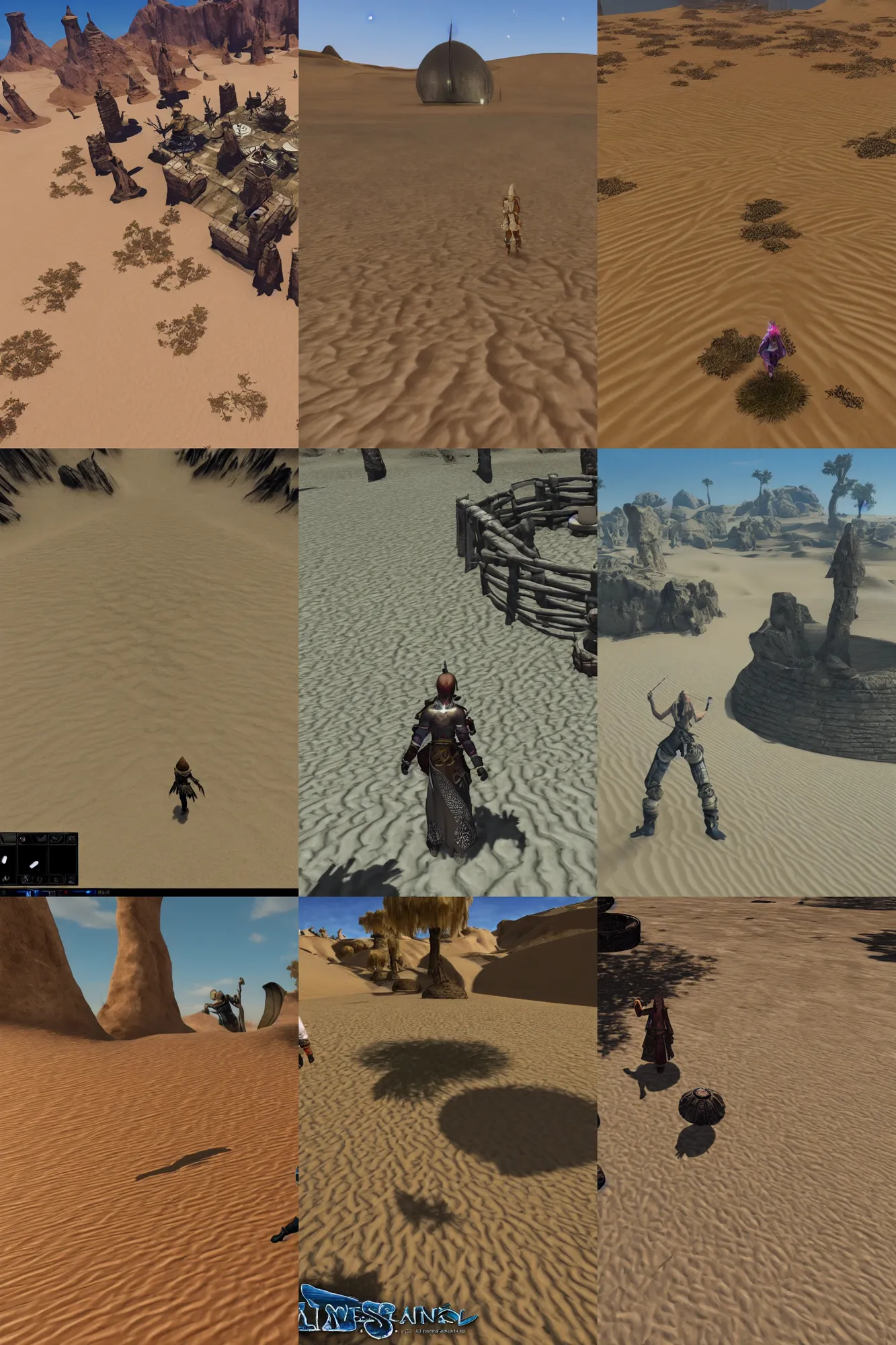 Prompt: gameplay walkthrough 3 rd person adventure game spiritual alien village in oasis of a vast flat empty sand desert with dunes, screenshot, final fantasy, square enix, jrpg, unreal engine