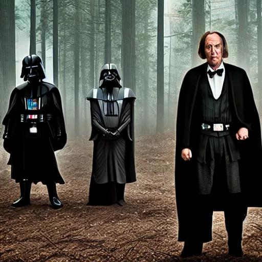 Prompt: Saul Goodman, Gandalf, Darth Vader, surrounded by wolfs in a forest, gothic