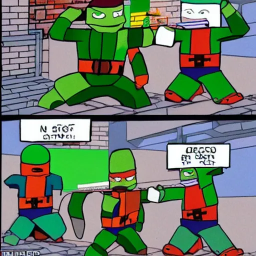 Image similar to teenage mutant ninja turtles as minecraft characters fighting shredder in the streets of new york