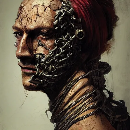 Image similar to portrait of a Shibari rope wrapped face and neck, headshot, insanely nice professional hair style, dramatic hair color, digital painting, of a old 15th century, old cyborg merchant, amber jewels, baroque, ornate clothing, scifi, realistic, hyperdetailed, chiaroscuro, concept art, art by Franz Hals and Jon Foster and Ayami Kojima and Amano and Karol Bak,